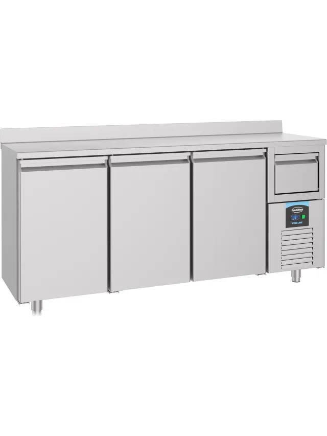 Combisteel Koelwerkbank - 632L - 3 Deuren + Afkloplade-2°C/+8°C - Geforceerd - Achter Rand - 2135x600x1050/1150mm Grijs