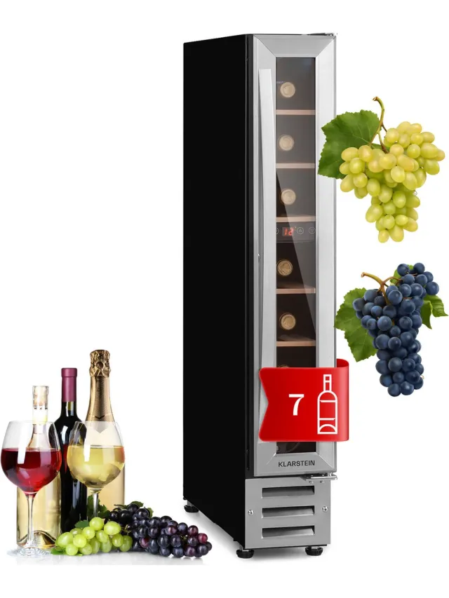 Klarstein wijnkoeler, 1-zone drankkoeler, kleine inbouw wijnkast, smal, 20 liter wijnkoeler met glazen deur, flessenkoeler voor binnen en buiten, wijnkoelkast 5-22 °C, 7 flessen Roestvrij Staal