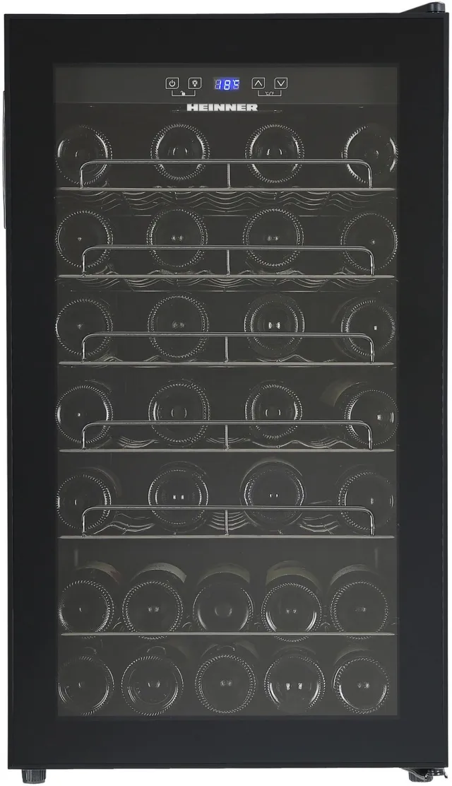 Heinner HRV-A118DRM40 Wijnkoelkast – 118 L – Geschikt voor 40 Flessen – LED-display – 5+1 Verchroomde Metalen Leggers – Omkeerbare Deur – Zwart