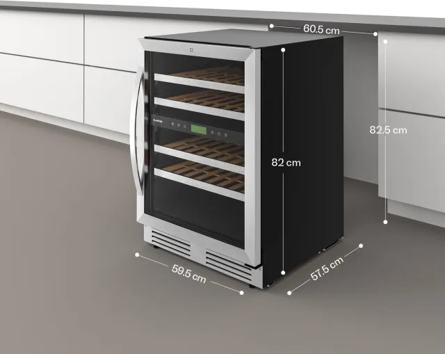 Klarstein VeroSteel onderbouw wijnkoelkast – Tweezone wijnkoelkast voor 43 flessen, uv-bestendige glazen deur, touchbediening, uittrekbare houten schappen voor eenvoudige toegang Zilver