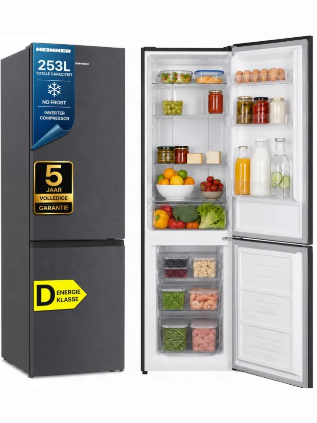 Heinner HCNF-HM253INVDGD Koel-vriescombinatie – 253 L – No Frost – Inverter Compressor – Energieklasse D – Instelbare Thermostaat – LED-verlichting – Antracietgrijs – 5 Jaar Garantie