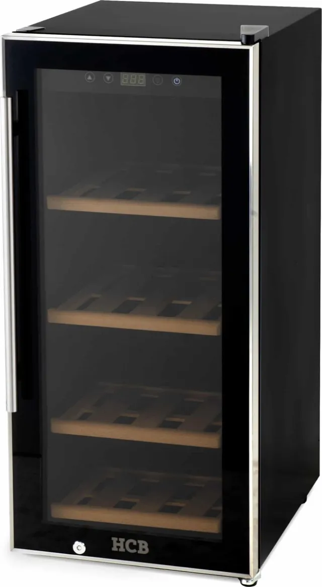 HCB Professionele luxe Wijnkoelkast voor 24 flessen - Wijnklimaatkast met houten lades - Vrijstaand wijn koelkast - Klimaatkast - Wijnkast - Wijnfrigo koeler - 36 kg - Frigo - 6812 Zwart - 24 flessen