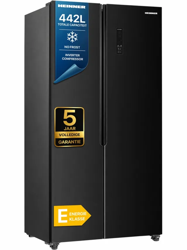 Heinner HSBS-HM442NFGBKE++ Amerikaanse Side-by-Side Koelkast – 442 L – No Frost – Deur-open Alarm – Super Koelen & Super Vriezen – Zwart – 5 Jaar Garantie
