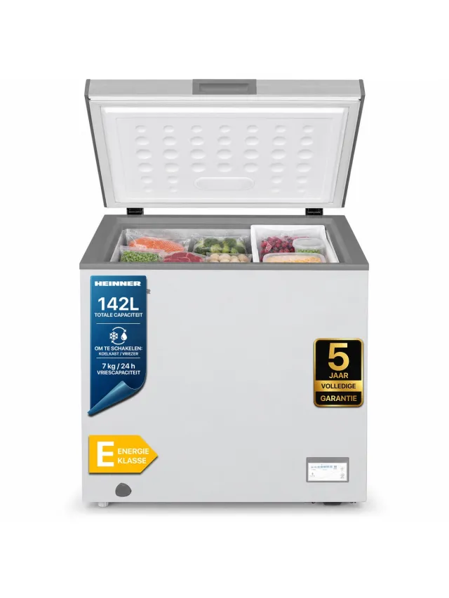 Heinner HCF-HM145CSE++ Vrieskist – 142 L – Convertible (Vriezer/Koelkast) – Snelvriesfunctie – Waterbestendig Display – Zilver – 5 Jaar Garantie