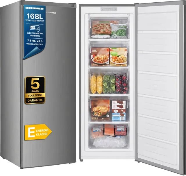 Heinner HFF-HM168XE++ Vrieskast – 168 L – Elektronische Bediening met LED-display – Supervriesfunctie – Omkeerbare Deur – RVS – 5 Jaar Garantie