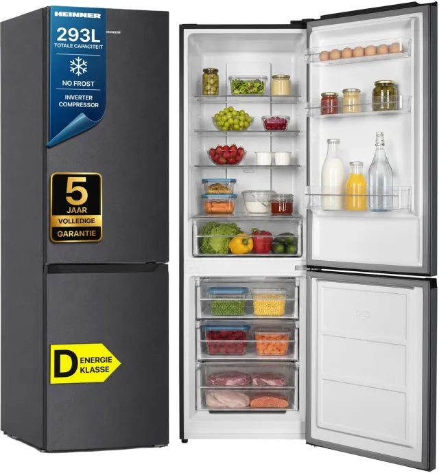 Heinner HCNF-HM293INVDGD Koel-vriescombinatie – 293 L – Total No Frost – Inverter Compressor – Energieklasse D – Instelbare Thermostaat – LED-verlichting – Antracietgrijs – 5 Jaar Garantie