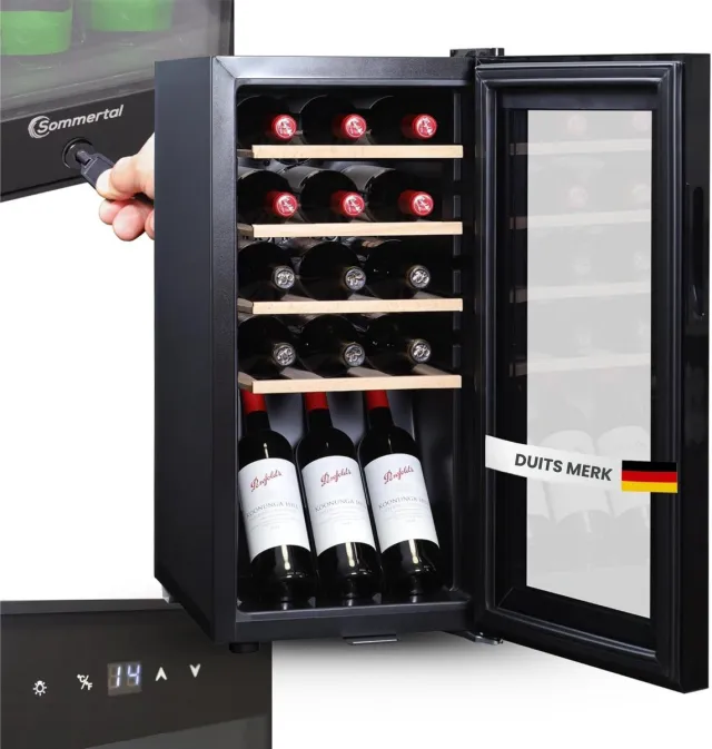 Sommertal WK 50 wijnkoeler – 15 flessen - Instelbaar van 5–20 °C - Afsluitbaar - Ledverlichting - Glazen deur - Touchscreen - 4 houten planken - Stil en energiezuinig - Uv-bestendige beglazing - Energieklasse F Zwart