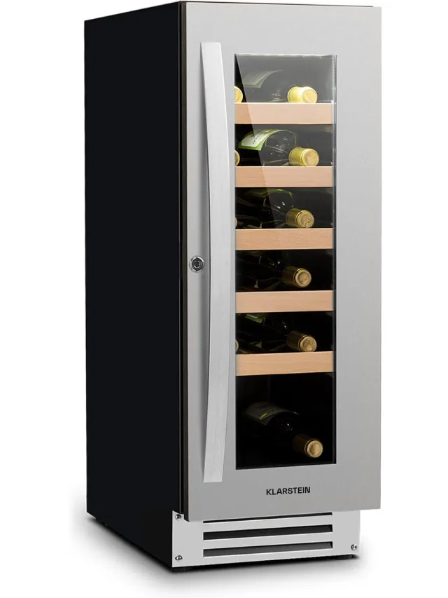 Klarstein Wijnkoelkast, 1 zone drankenkoelkast, Kleine inbouw-wijnkast smal, 50L wijnkoelkast met glazen deur, Indoor/Outdoor flessenkoelkast, Wine Fridge 5-20°C, 20 flessen Roestvrij Staal