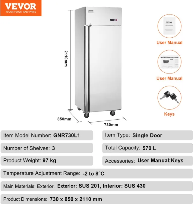 Vevor CommerciëLe Koelkast 570 L, Koelkast met ééN Deur, Roestvrijstalen Koelkast met Automatische Ontdooiing, 3 Planken, Temperatuurregeling van -2 ~ + 8 °C en 4 Wielen zilver