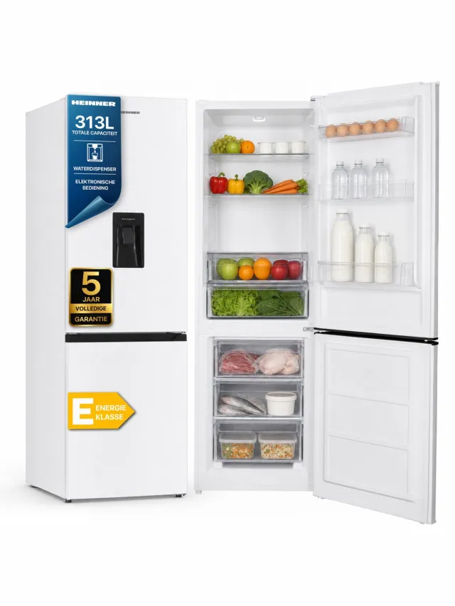 Heinner HC-HM313WDE++ Koel-vriescombinatie met Waterdispenser – 313 L – Energieklasse E – Instelbare Thermostaat – LED-verlichting – Omkeerbare Deur – Wit – 5 Jaar Garantie