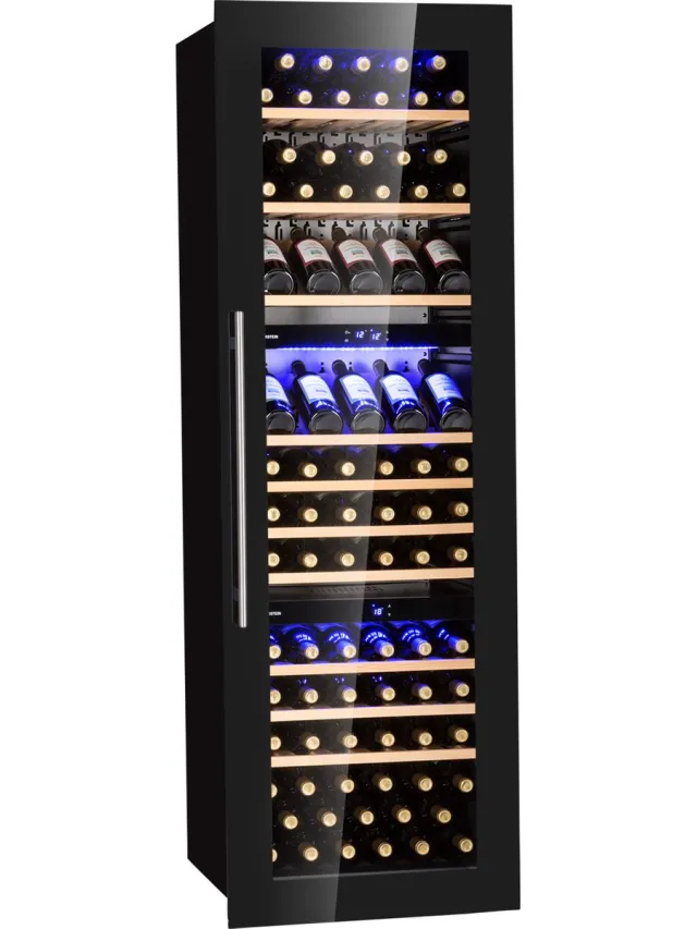 Klarstein Inbouw-Wijnkoelkast, 246 L Drankkoelkast Smal, 3 Zones Wijnkoelkast met Glazen Deur, Indoor/Outdoor Biersafe, Grote Koelkast, 5-18 degree celsius, 89 Flessen - 56 cm - Houten Schappen - glas LED - Wijnklimaatkast - Wijnkast Zwart