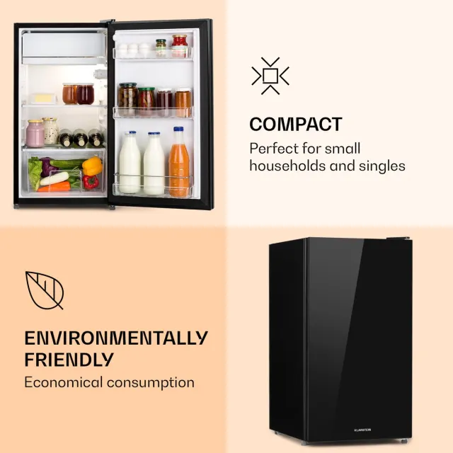 Klarstein Koelkast Luminance Frost - Capaciteit: 91 Liter - Energie-efficiëntieklasse E - Crispvak - 2 Glazen schappen - 3 Deurvakken - Temperatuurinstelling: 7 Standen - Zwart - voor Keuken - Compact - Mini Fridge - Compact Koelkast