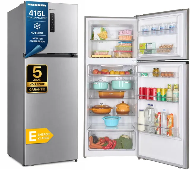 Heinner HF-HM415NFSE++ Koel-vriescombinatie 415 L – Full No Frost – Inverter – Elektronische Bediening met Touch Display – Powercoolfunctie – Zilver – 5 Jaar Garantie