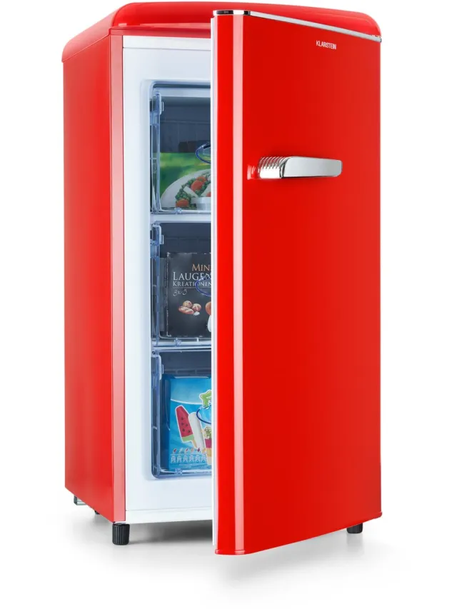 Klarstein Diepvriezer Laika 60 Liter Gesamtvolumen, Thermostaat met 5 standen, 0 tot 18 °C, vrijstaand, retro design, rood - Vrieskast Diepvrieskast - voor Keuken - 4-Sterren Compact - Thermostaat - Freezer - Vrieskast Klein