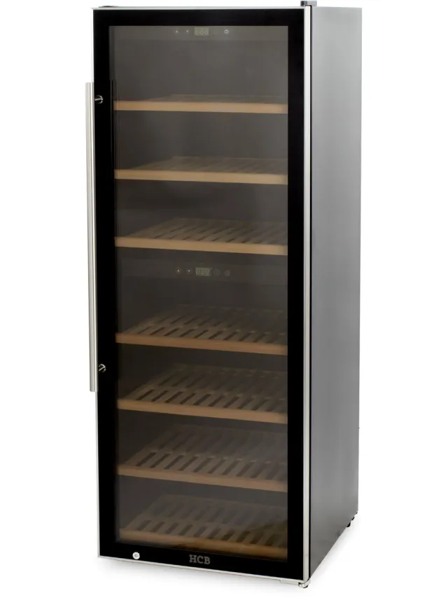 HCB Professionele luxe Wijnkoelkast met 2 zones - 126 flessen - Wijnklimaatkast met houten lades - Vrijstaand wijn koelkast - Klimaatkast - Wijnkast - Wijnfrigo koeler - 77 kg - Frigo - 6820 Zwart - 126 flessen - 2 zones