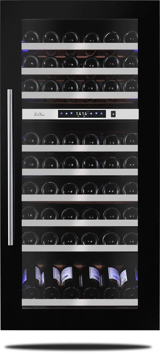 Le Chai LBN720V - Inbouw Wijnklimaatkast - 72 Flessen - 2 T° - Nismaat 122 cm - Ventilatiesysteem ingebouwd - 9 schuiflades - Presentatielade Zwart