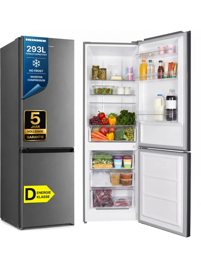 Heinner HCNF-HM293INVXD Koel-vriescombinatie – 293 L – Total No Frost – Inverter Compressor – Energieklasse D – Instelbare Thermostaat – LED-verlichting – RVS – 5 Jaar Garantie