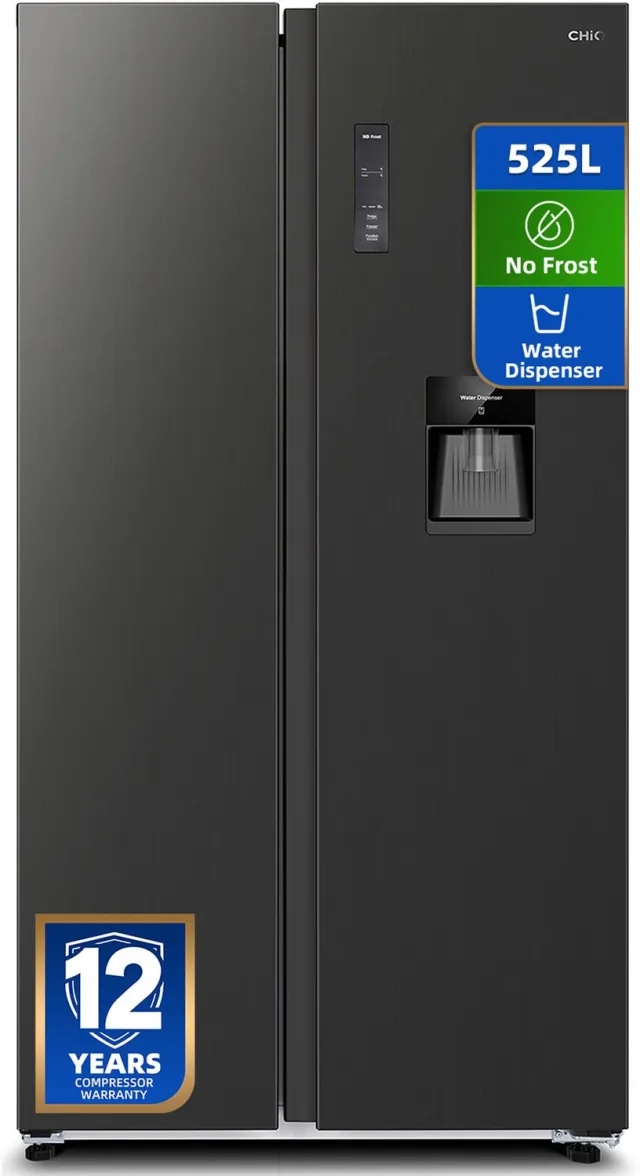chiq CSS530NGDE - Amerikaanse Koelkast - 525 L - No Frost - 4 L Waterdispenser - Digitaal LED Display - Inverter Compressor - Snelvriezen tot -32℃ - 12 jaar garantie op compressor - 2026 Nieuw Zwart