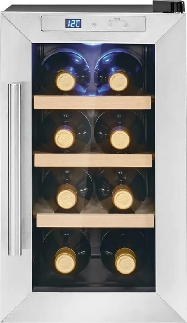 ALLGoods Professionele Horica Minibar Koeling – Wijnkoelkast 23L – Flessenkoelkast met Glazen Deur – Mini Koelkast met Glazen Deur – Kleine Drankenkoelkast – 4 Opslagniveaus Voor 8 Flessen – Minibar Zwart