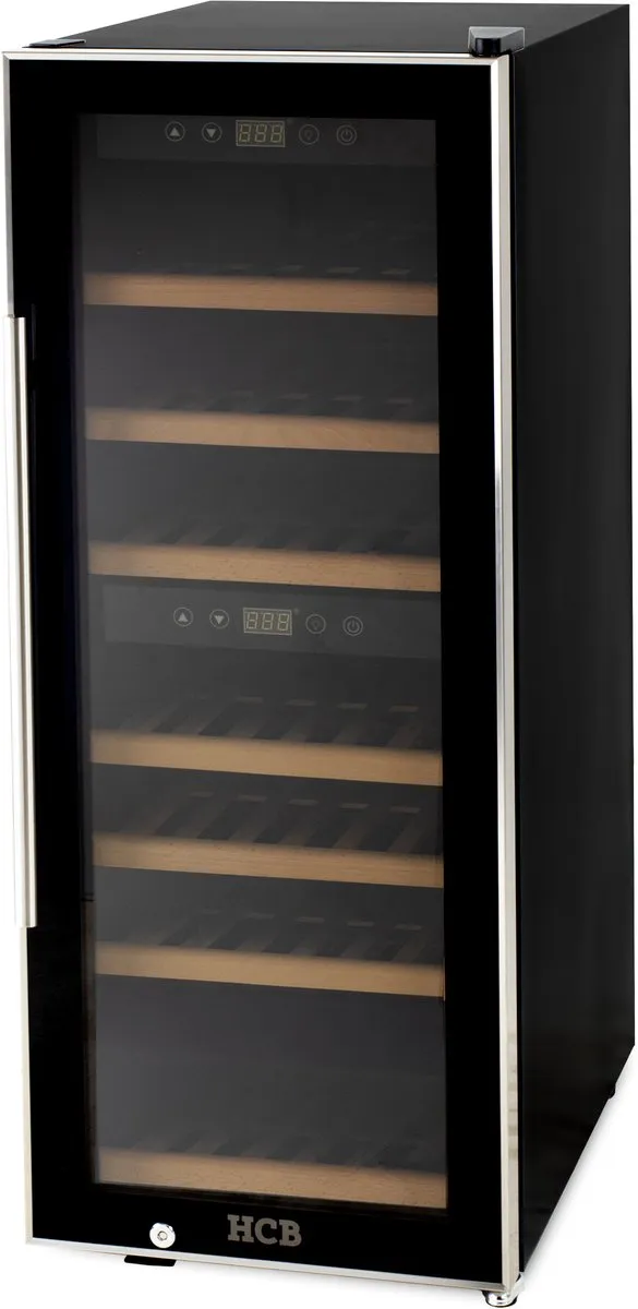 HCB Professionele luxe Wijnkoelkast met 2 zones - 38 flessen - Wijnklimaatkast met houten lades - Vrijstaand wijn koelkast - Klimaatkast - Wijnkast - Wijnfrigo koeler - 45 kg - Frigo - 6815 Zwart - 38 flessen - 2 zones