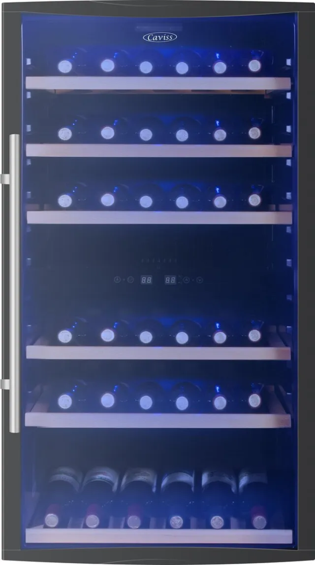 Caviss C252GBEG - Wijnkoelkast 2 Temperatuurzones - 52 Flessen - 5 TOT 22 °C - Anti-UV Glasdeur - LED Binnenverlichting - Anti Vibratiesysteem Zwart 52 flessen