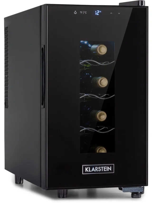 Klarstein Wijnkoeler Wijnkoelkast, Smalle Drankkoelkast, 1-zone Koelkast met Glazen Deur, Vrijstaande Drankkoelkast, Kleine Wijnkoelkast, Wijnkoelkast met UV-bescherming, 11–18 °C, 8 Flessen - Wijnklimaatkast - 23L 50 cm - voor Bar - Touch - Rosé Zwart