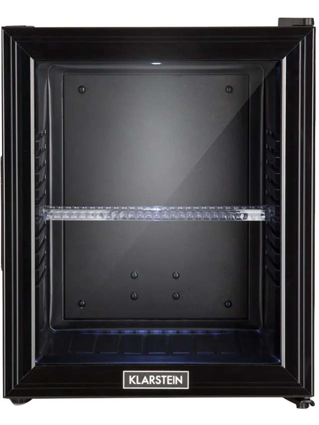 Klarstein Minibar Brooklyn 30 Mini Koelkast - Thermo-elektrisch koelsysteem - 30 liter inhoud - 3 standen koeling: tot 12 °C - Energie-efficiëntieklasse F - 23 dB - Flexibel kunststof plateau - LED licht - Panoramadeur van glas - Zwart