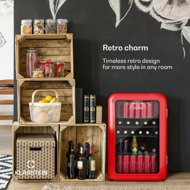 Klarstein PopLife Drankenkoeler - Mini-bar, Retrokoelkast, 0-10°C, slechts 39 dB, 115 L, energiezuinig, dubbel glazen deur, Retro-design, rood