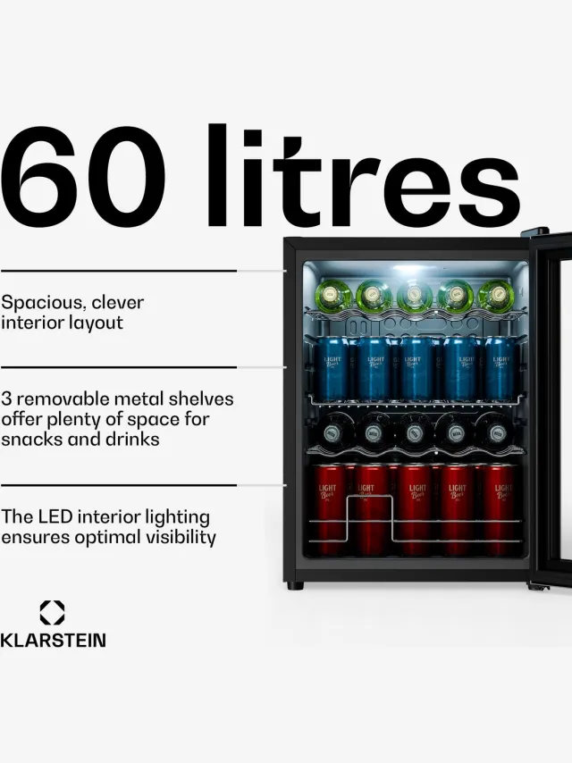Klarstein drankkoelkast met glazen deur - 60 liter mini-drankkoelkast, ledverlichting, 0-13 °C, 3 uitneembare planken, dubbel glas, onderbouw-drankkoelkast Zilver