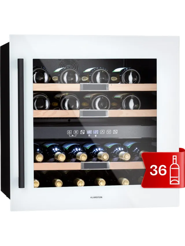 Klarstein Inbouw Wijnkoeler, Drankenkoeler met 2 Zones, Kleine Wijnkast 85L, Kleine Wijnkoeler met Glazen Deur, Flessenkoeler voor Binnen/Buiten, Wijnkoelkast voor 36 Flessen Wit Glas