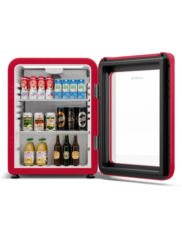 Klarstein Drankkoeler Audrey Evo Drankenkoelkast met glazen deur - 65 liter, retro design, ledverlichting, dubbelwandige deur, 0-10 °C, energieklasse C, verstelbare pootjes, rood - Drankkoelkast - voor Bar - glas Thermostaat Compact