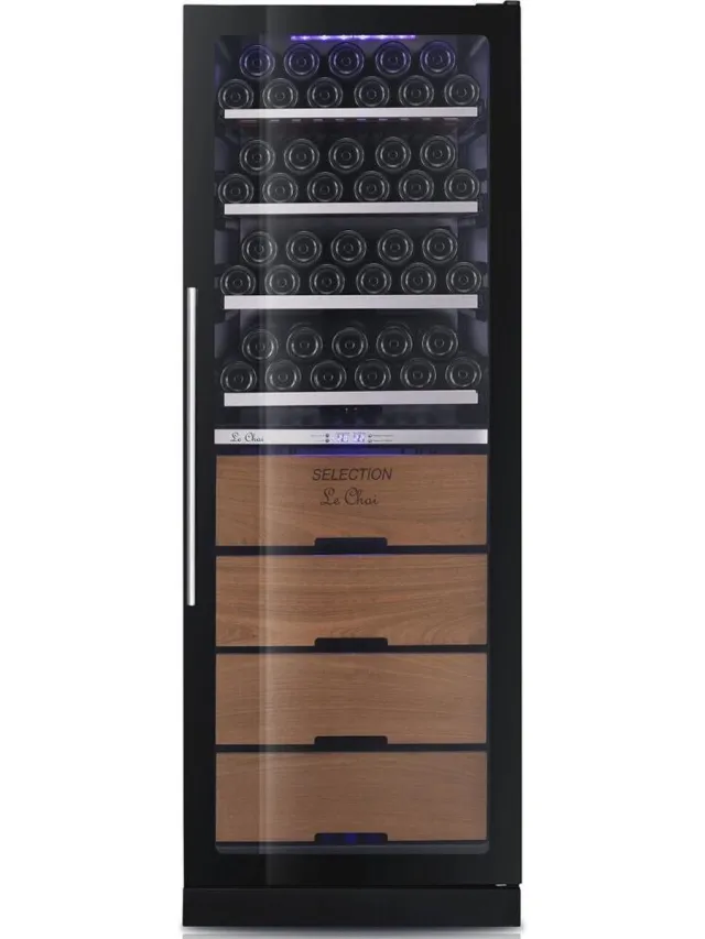 Le Chai LBN1300TV - Vrijstaande multifunctionele wijnbewaar-en serveerkast - 4 schuiflpateaus + 3 bewaarlades - 122 flessen - H180 cm - Koolstoffilter zwart