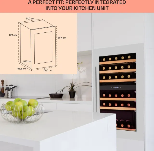 Klarstein Wijnkoelkast 2 zones, 128L drankenkoelkast, Kleine inbouw wijnkast smal, Wijnkoelkast met glazen deur, Outdoor flessenkoelkast, Wine Fridge 5-22°C, 41 flessen Roestvrij Staal