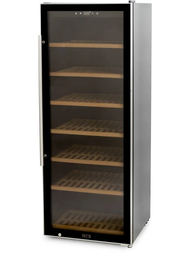 HCB Professionele luxe Wijnkoelkast voor 137 flessen - Wijnklimaatkast met houten lades - Vrijstaand wijn koelkast - Klimaatkast - Wijnkast - Wijnfrigo koeler - 75 kg - Frigo - 6818 Zwart - 137 flessen