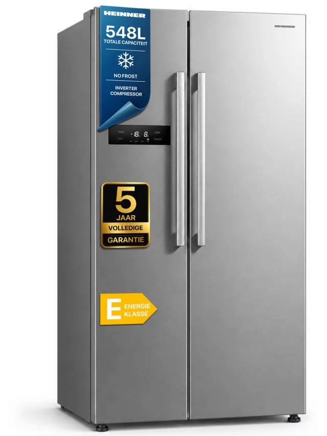 Heinner HSBS-M548NFINVXE++ American Side-by-Side Koelkast – 548 L – Total No Frost – Inverter Compressor – Energieklasse E – Touchbediening – Super Cooling – Super Freeze – Holiday-functie – Open-deur Alarm – RVS – 5 Jaar Garantie