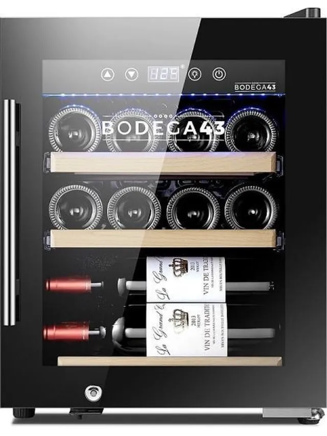 BODEGA43 12C - Design klein wijnkoelkast met compressor - 12 flessen - 3 houten lades - Vrijstaand wijnklimaatkast - Zwart Zwarte vrijstaand wijnkoelkast - 12 flessen