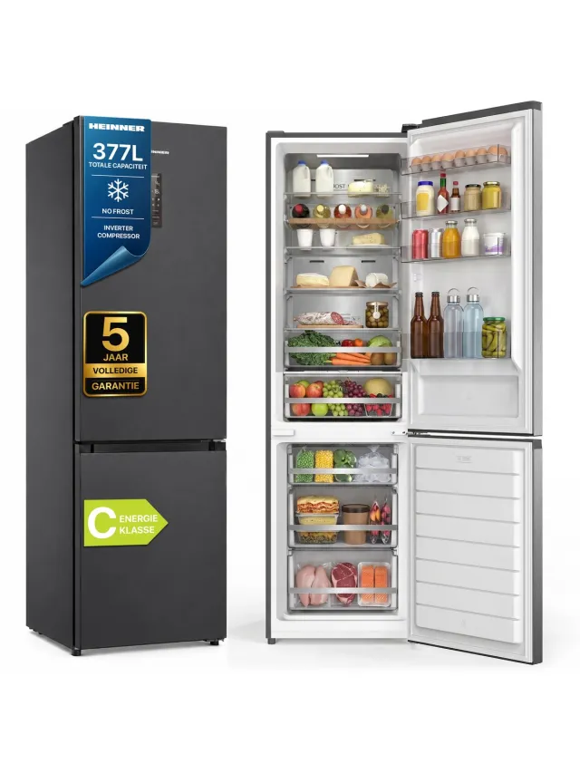 Heinner HCNF-HM377INVDGHC Koel-vriescombinatie 377 L – No Frost – Inverter – Touch Display – InoxCool Technologie – Houten Wijnrek – Vingerafdrukbestendige Afwerking – Donkergrijs – 5 Jaar Garantie