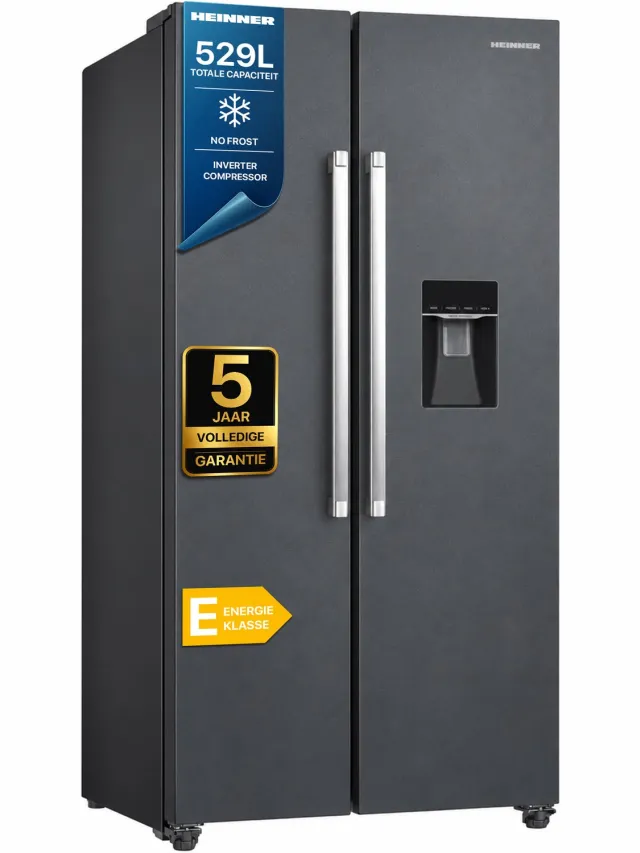 Heinner HSBS-HM529NFINVDGWDE++ American Side-by-Side Koelkast met Waterdispenser 529 L – Total No Frost – Inverter Compressor – Super Freeze – Open-deur Alarm – Vingerafdrukbestendige Afwerking – Antracietgrijs – 5 Jaar Garantie