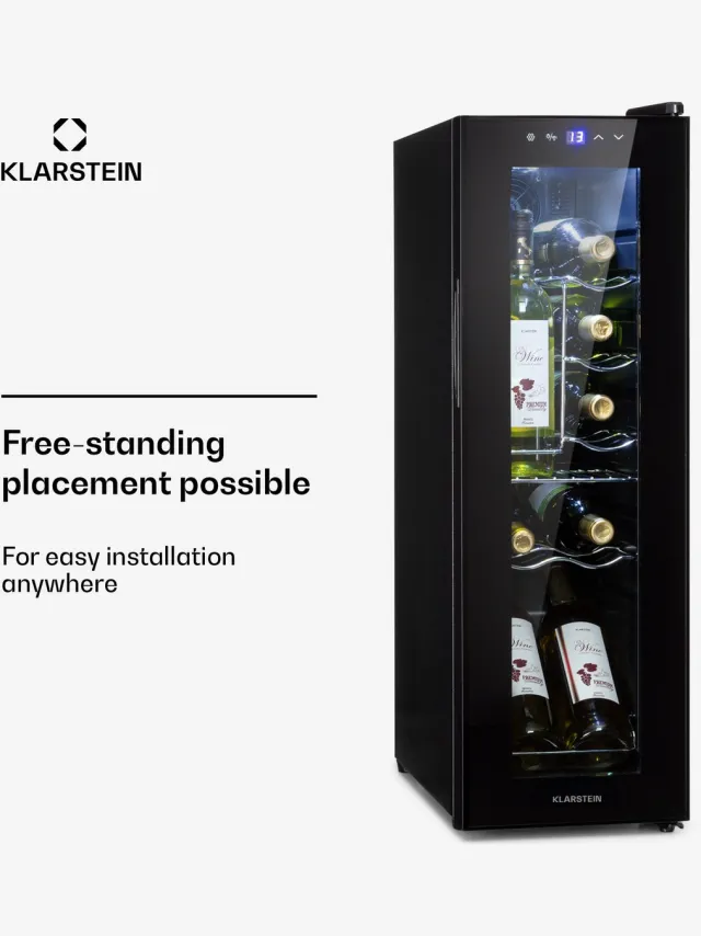Klarstein wijnkoeler, kleine drankkoeler met 1 zone, kleine wijnkast 32 liter, kleine wijnkoeler met glazen deur, flessenkoeler voor binnen en buiten, wijnkoelkast 5-18 °C, 12 flessen - 45 cm - voor Bar - Touch - Wijnklimaatkast Zwart