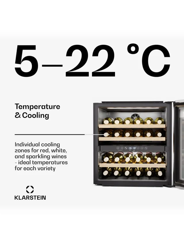 Klarstein Wijnkoeler Rhone 36 Duo - 36 flessen, 2 zones, 5-22°C, LED-bediening, UV-bescherming, stille werking, zwart, wijnklimaatkast - Wijnkoelkast - 85L 41 dB - voor Wijnliefhebber voor Bar - Glazen Deur Houten Schappen - Wijnkast Wit