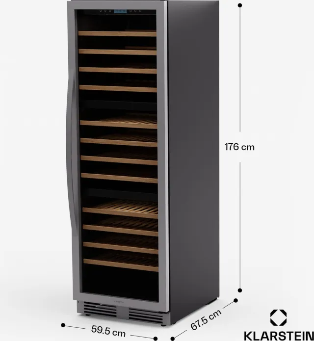 Klarstein Wijnkoeler Vinovilla Trio – 143 flessen, 3 zones, 5–20 °C, LED-verlichting, UV-bescherming, vrijstaand, klimaatkast voor wijn - Wijnkoelkast - 143 Flessen - voor Wijnliefhebber voor Bar - Touch Stil Houten Schappen Compressor - Zilver Roestvrij Staal
