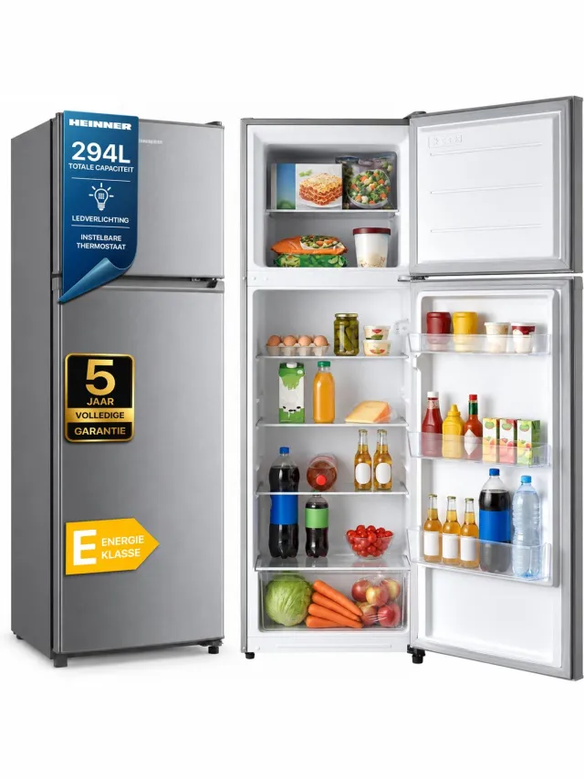 Heinner HF-M294SE++ Koel-vriescombinatie – 294 L – LED-verlichting – Omkeerbare Deur – Instelbare Mechanische Thermostaat – Zilver – 5 Jaar Garantie