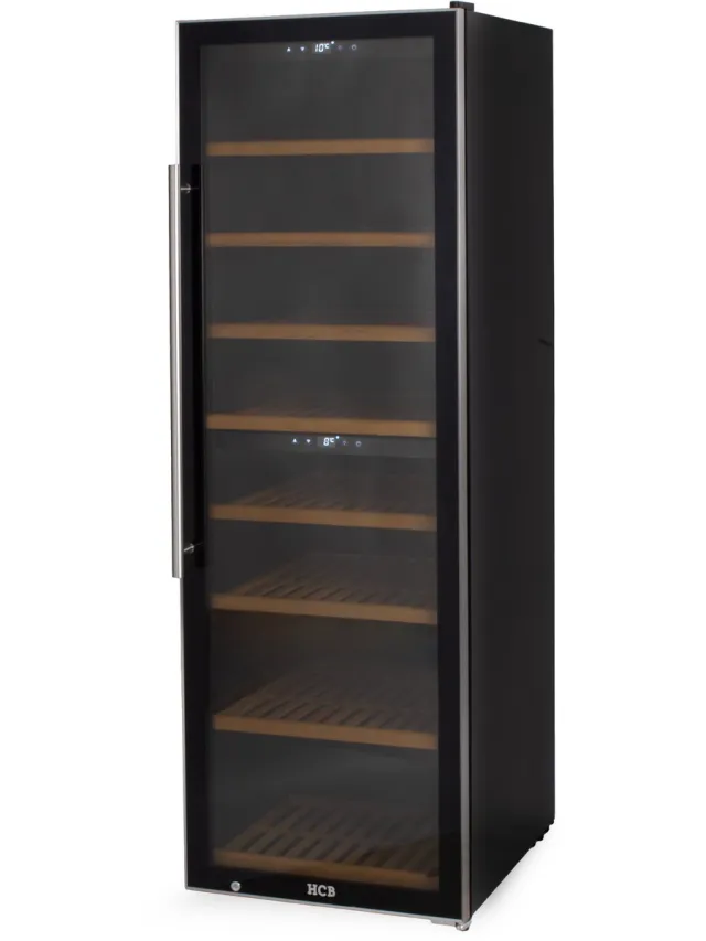 HCB Professionele luxe Wijnkoelkast met 2 zones - 180 flessen - Wijnklimaatkast met houten lades - Vrijstaand wijn koelkast - Klimaatkast - Wijnkast - Wijnfrigo koeler - 89 kg - Frigo - 6822 Zwart - 180 flessen - 2 zones