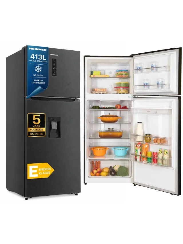 Heinner HF-HM413NFDXWDE++ Koel-vriescombinatie met Waterdispenser 413 L – Full No Frost – Inverter – LED Touch Display – Power Cool – Inox Antraciet – 5 Jaar Garantie