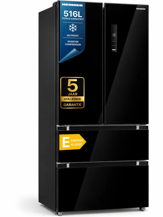 Heinner HCFD-M516INVHGBKE++ French Door Amerikaanse Koelkast – 516 L – No Frost – LED Touch Display – InoxCool Technology & ADT Fresh System – Zwart – 5 Jaar Garantie