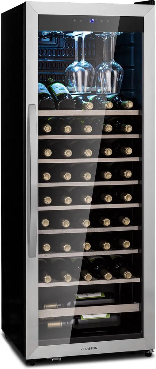 Klarstein wijnkoeler, slanke drankkoeler, koelkast met glazen deur, vrijstaande drankkoeler, kleine wijnkoeler, wijnkoeler met één temperatuurzone, UV-bescherming, 4-18 °C, 46 flessen - Wijnkoelkast - 155L 46 cm - voor Bar - Touch Houten Schappen Roestvrij Staal