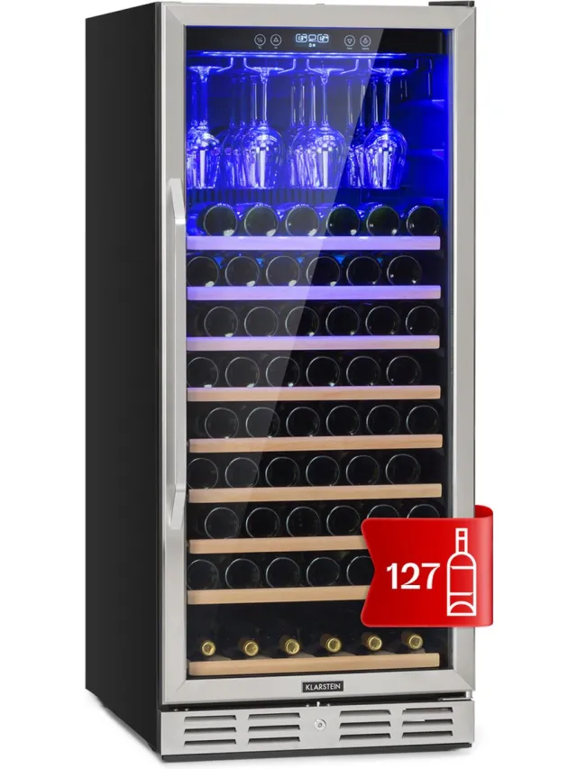 Klarstein inbouw wijnkoelkast, 1 Zonen drankenkoelkast klein, Kleiner Weinschrank 320L, Wein koelkast klein met , Indoor/Outdoor flessenkoelkast, Wine Fridge 127 flessen - 59.5 cm - voor Bar - Glazen Deur Touch Houten Schappen Vrijstaand - RVS Roestvrij Staal